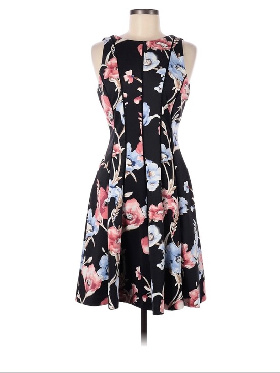 White House Black Market Dresses & Skirts - Sleeveless Floral Fit-and-Flare Midi Dress in Black with Pink & Blue Blossoms